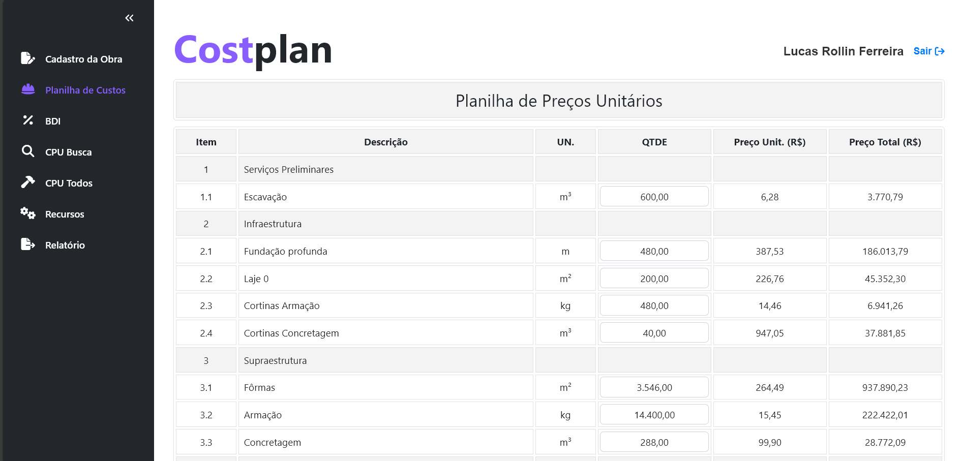 Projeto Costplan — Página de Planilha de Preços Unitários (PPU).